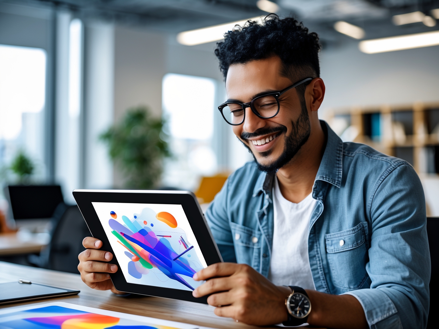 Smiling creative professional reviewing digital artwork