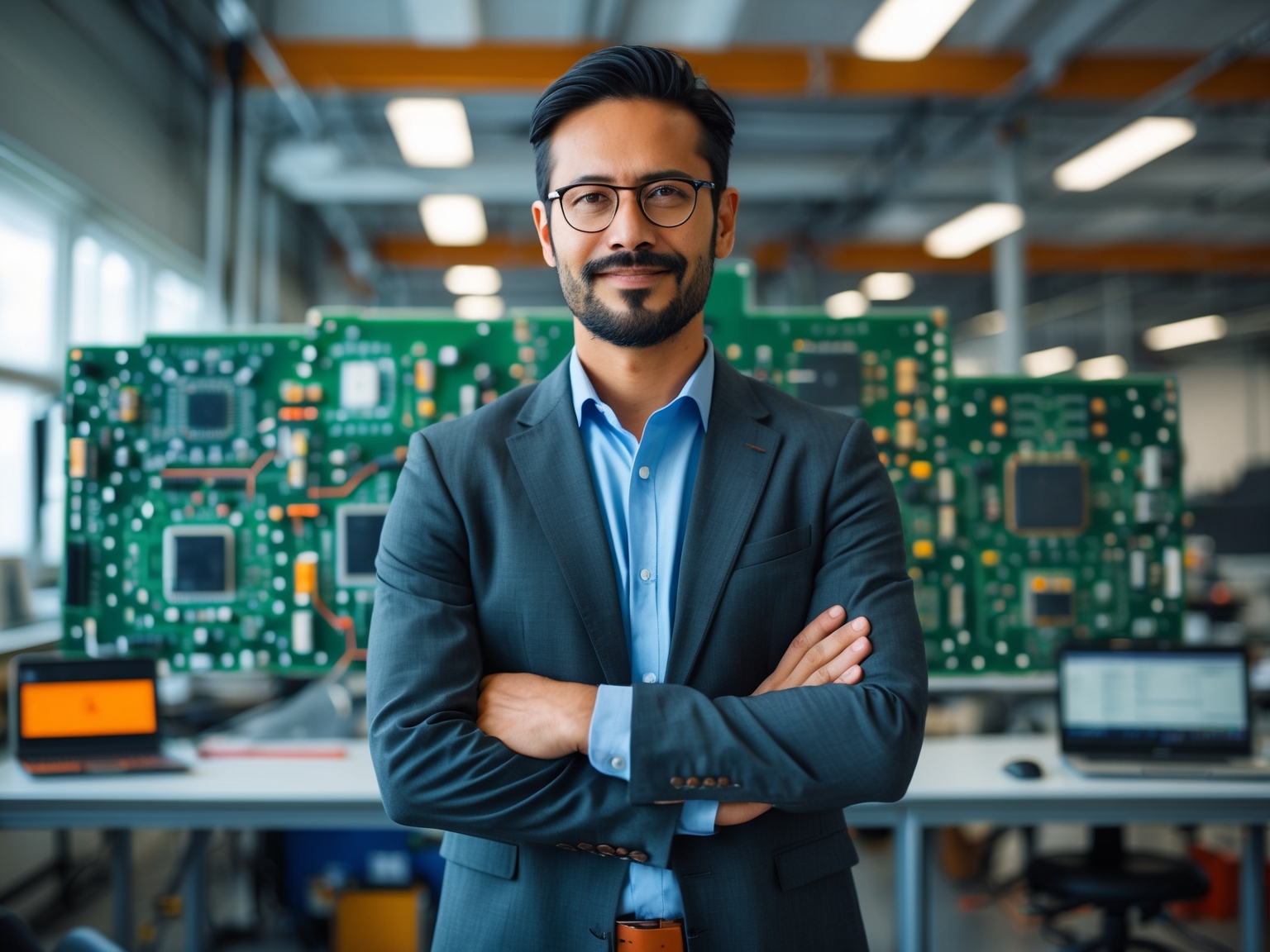 Confident entrepreneur in a tech lab environment