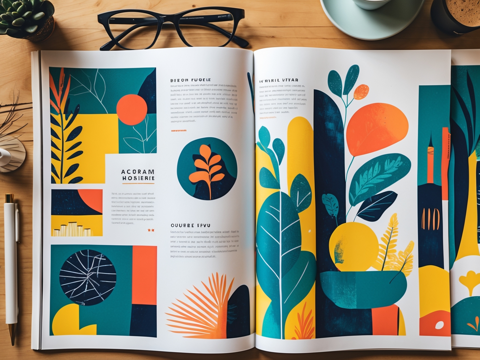 Vibrant magazine layout with AI-generated illustrations and typography