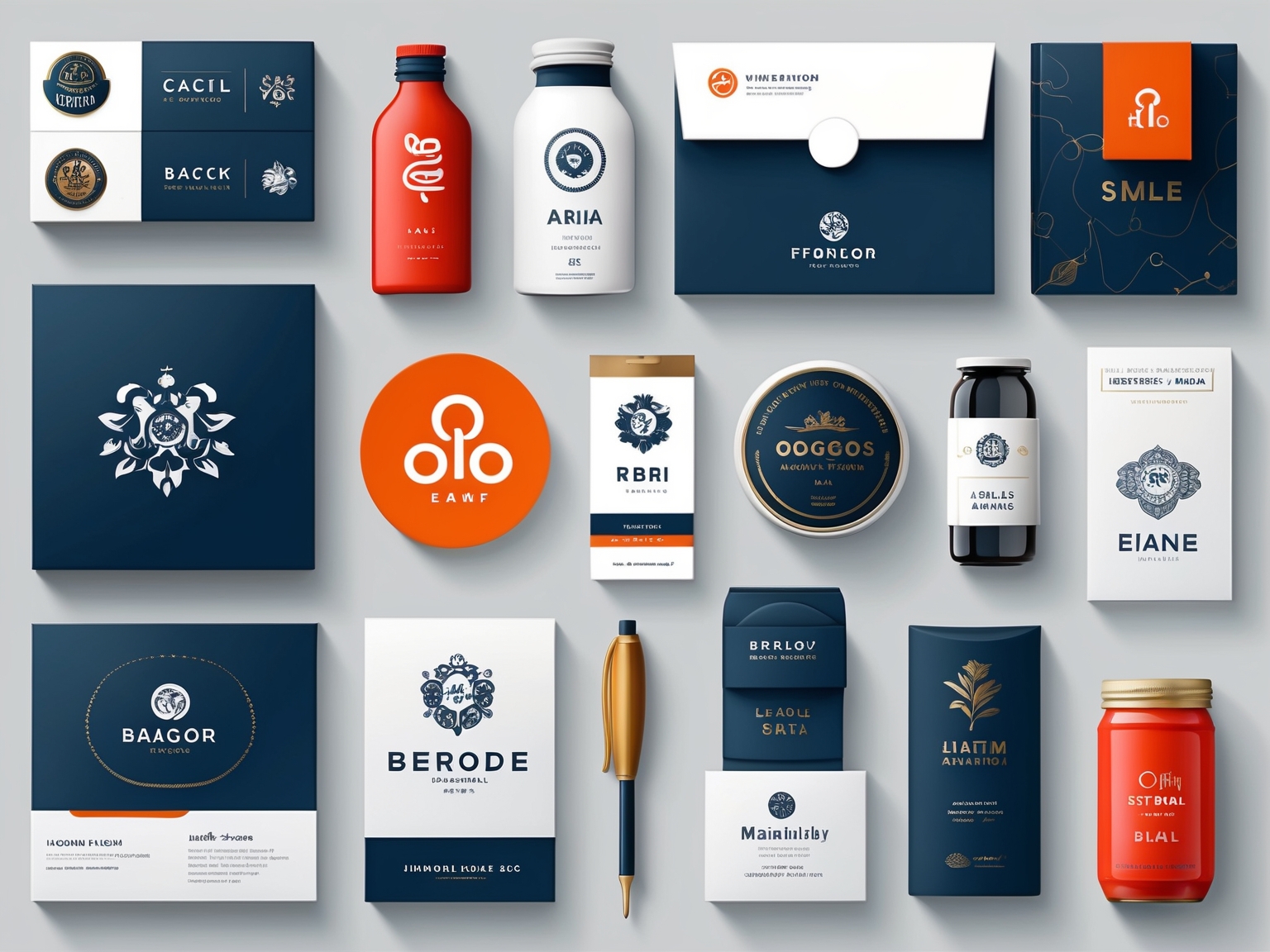 Brand identity elements including logos and packaging