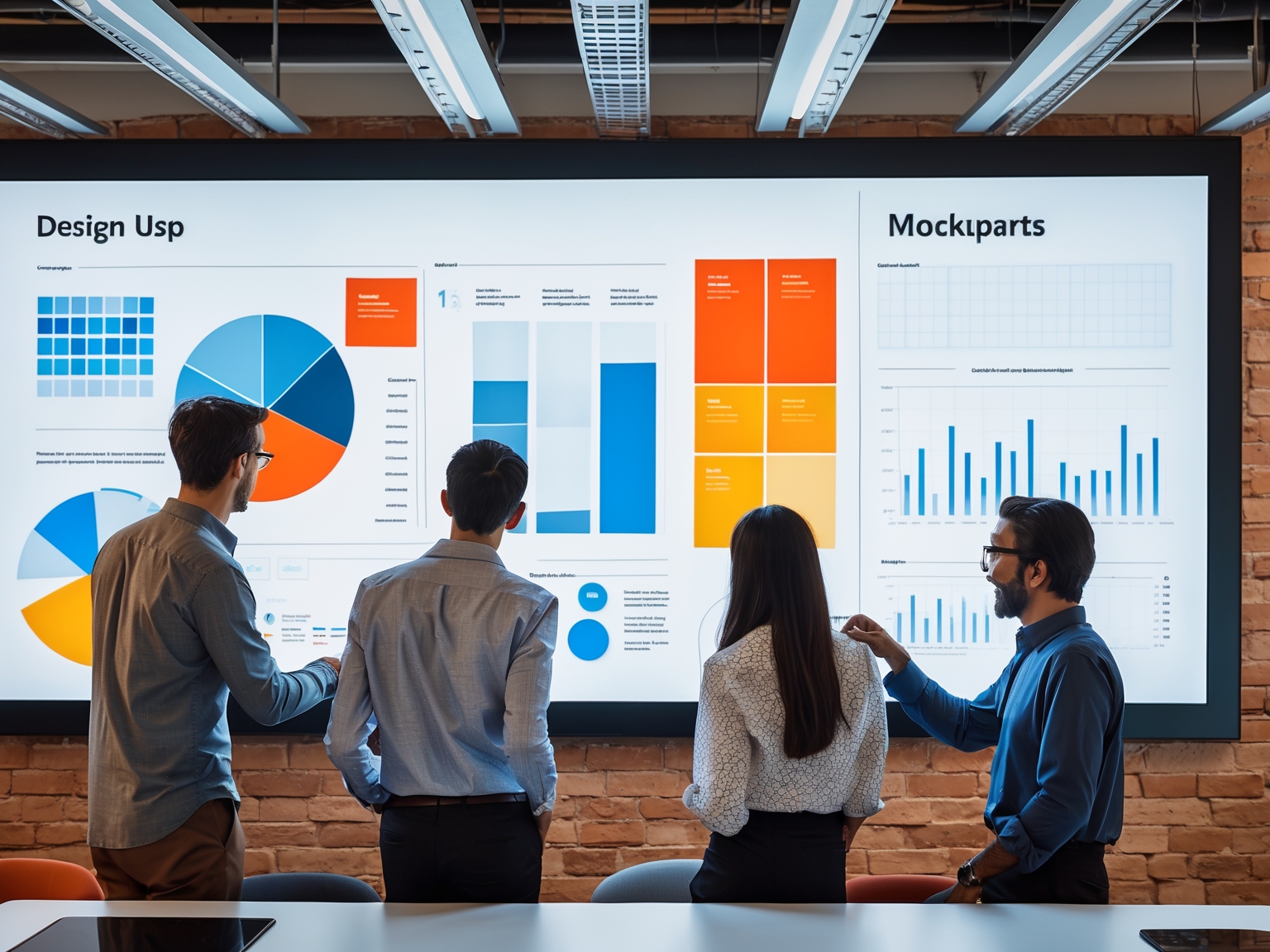 Team collaborating around screens displaying design workflows